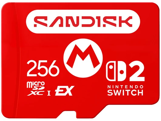 Rote SanDisk-microSD-Express-Karte mit 256-Aufdruck, Mario-M, Nintendo-Switch-2-Logo und EX-Zeichen, Vorderansicht auf weißem Hintergrund. Variante visuell bestätigt.